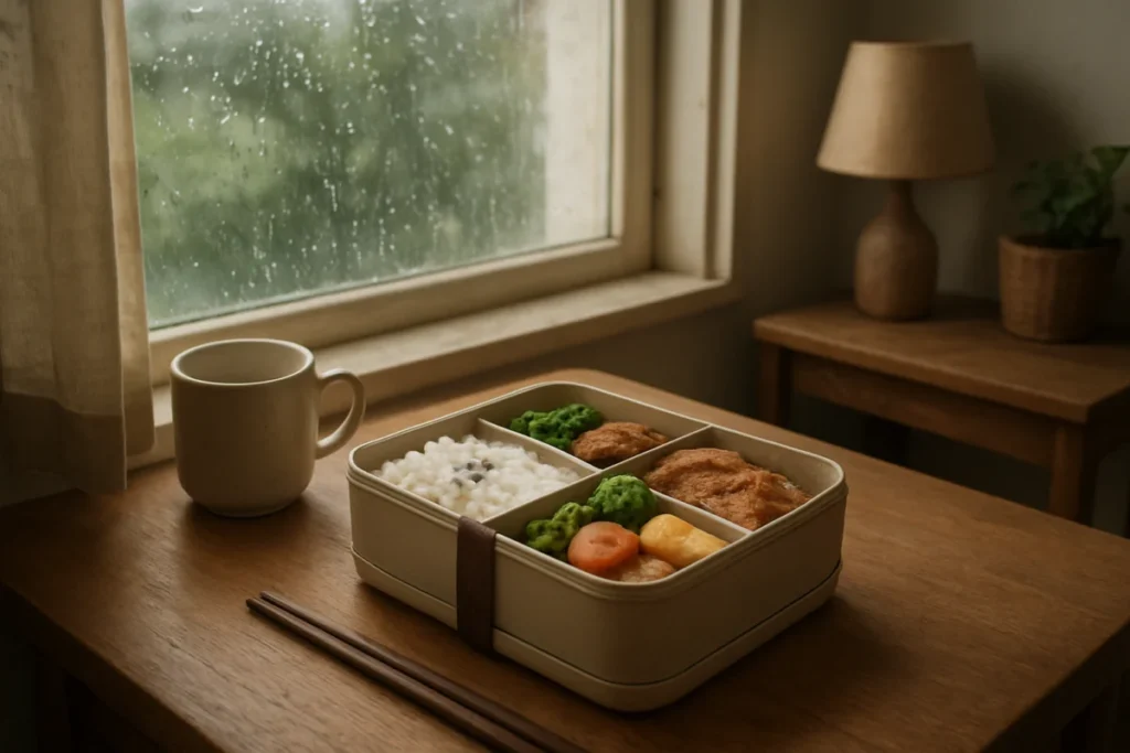 ニトリの二段弁当箱がテーブルに置かれている室内の風景
