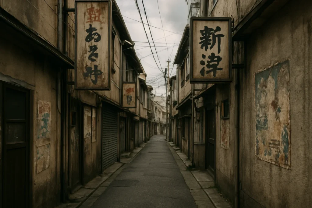 曇り空の午後、東京の静かな路地裏にある色あせた看板と貼り紙のある壁の風景