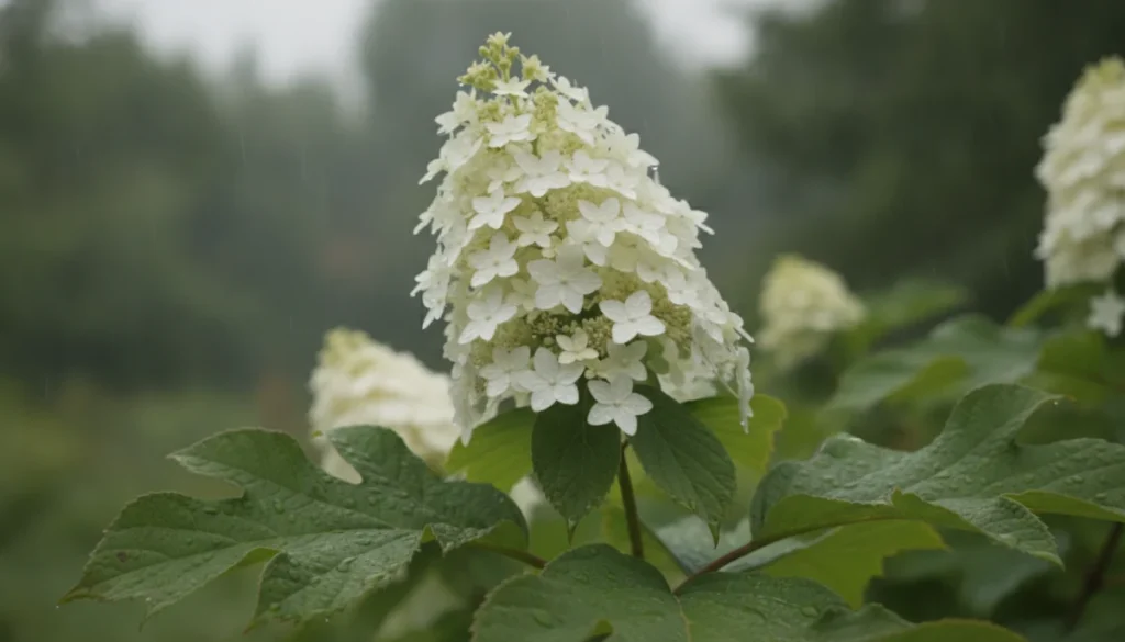 雨に濡れた柏葉紫陽花の花房