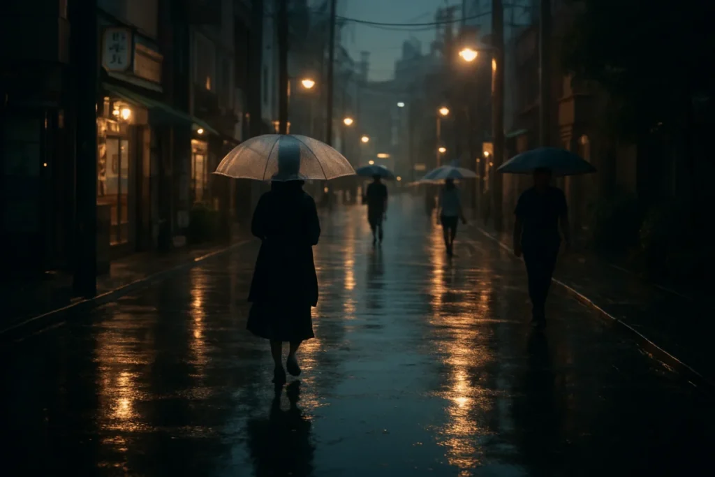 Wet pavement in Tokyo during early evening after rain