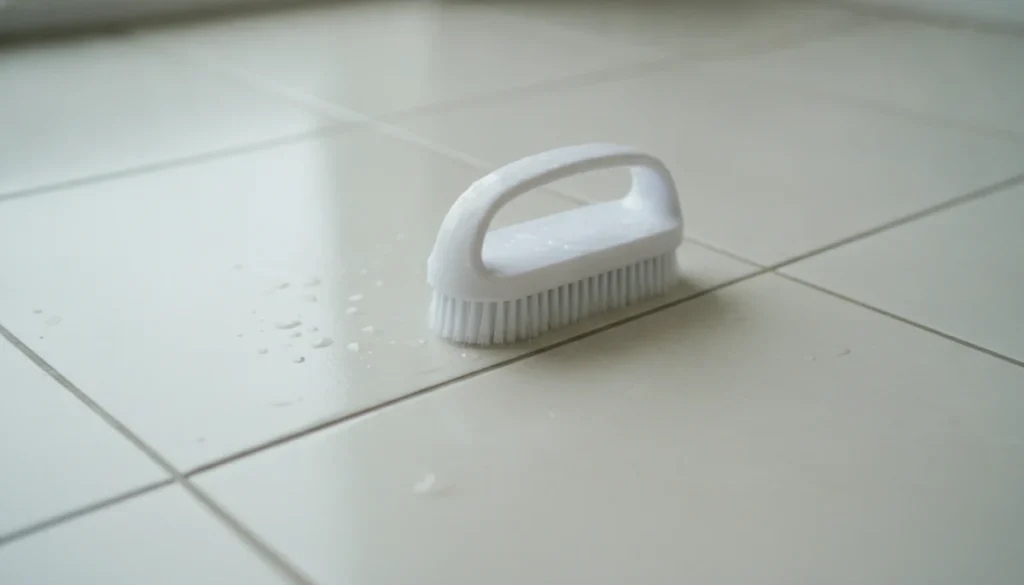 バスルームの床に置かれた足裏専用のブラシと水滴