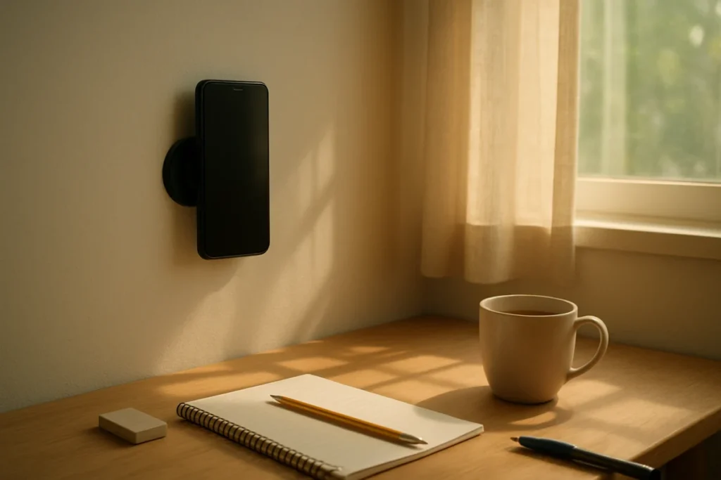 午後の部屋でスマホを吸盤で壁に固定している様子