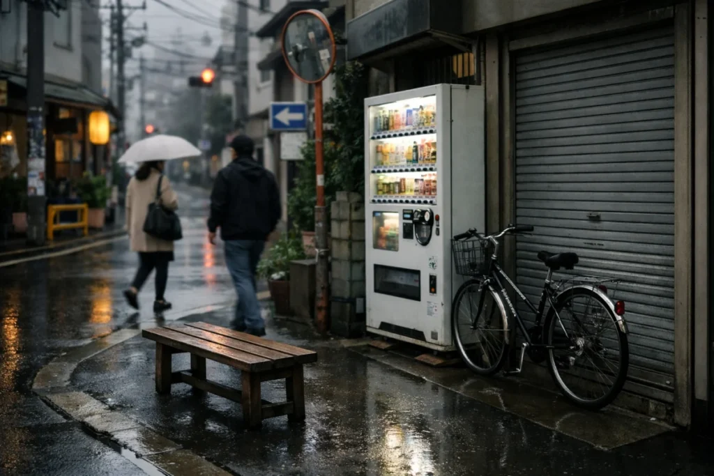 午後の東京の街角、厚い雲と薄く湿る舗道、路上の小さな手触りを捉えた風景