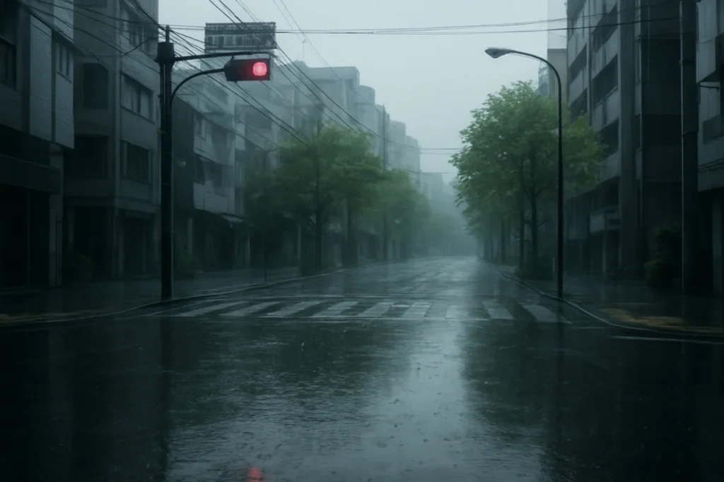 雨が強く降る街角の舗道と濡れた街路樹の葉