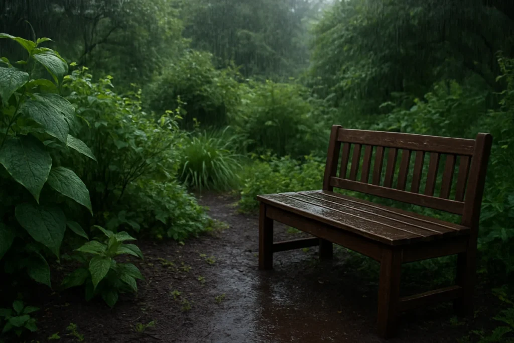 雨の降る庭の片隅、小さな水滴と濡れた葉が映える様子