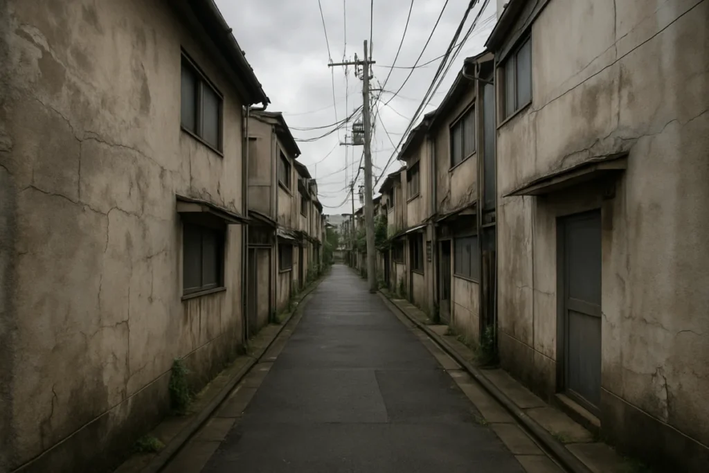 曇り空の東京の路地裏、色褪せた壁にかすかな湿り気が見える