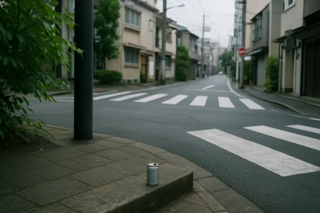 午後の曇り空の街角で、小さな段差に置かれた空き缶とその近くに広がる歩道の様子