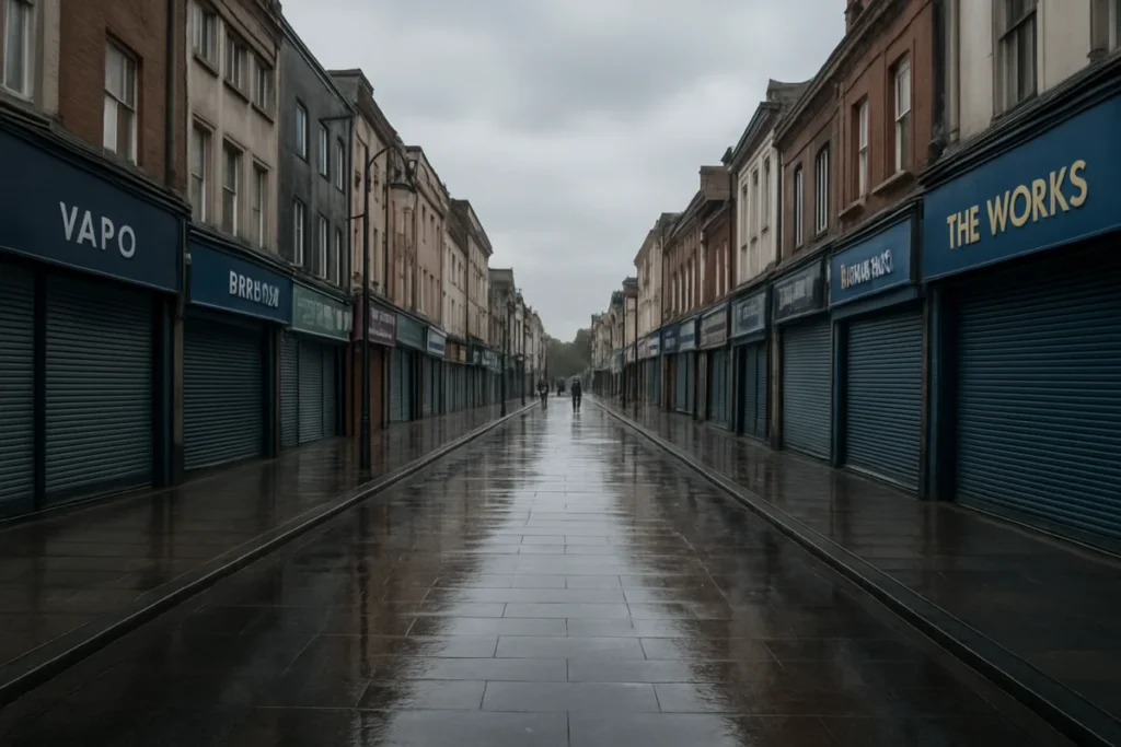 A quiet shopping street early in the morning with closed shop entrances and faint shadows of early risers