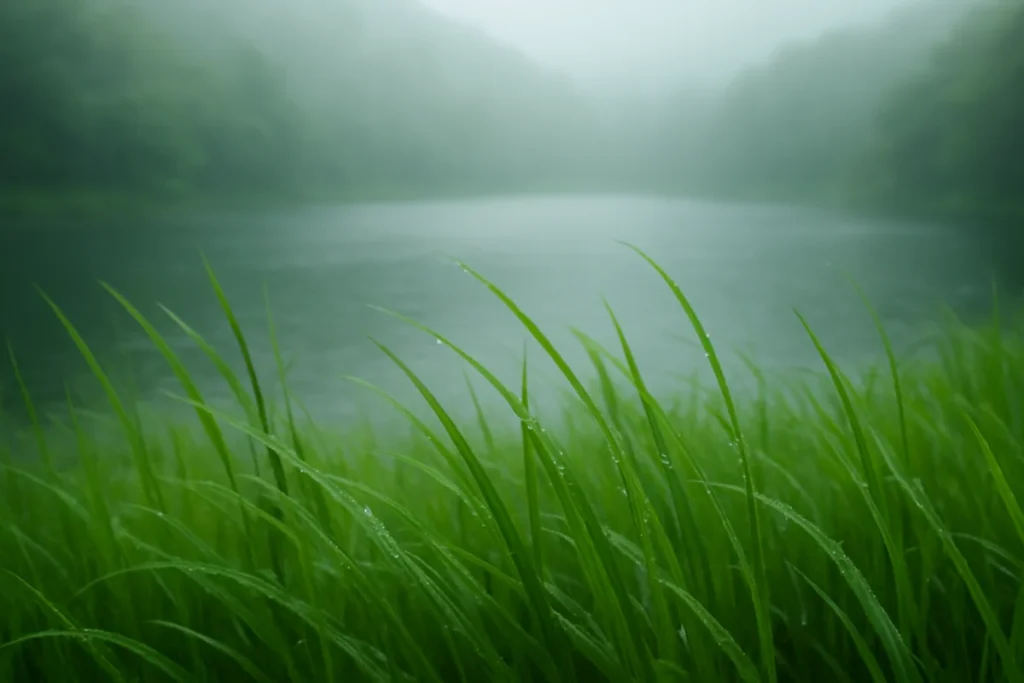 霧のかかる湖畔で揺れる緑の草