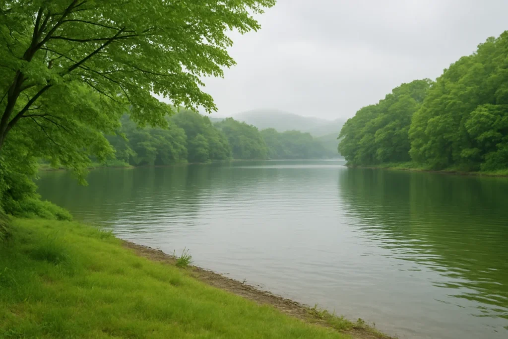 初夏の湖畔で静かな水面が揺れている様子