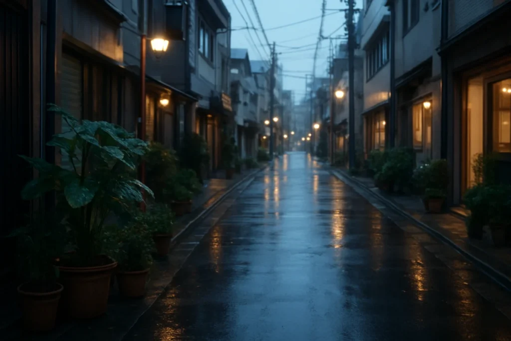 Evening street scene in Tokyo, with rain-drenched pavements and soft reflections
