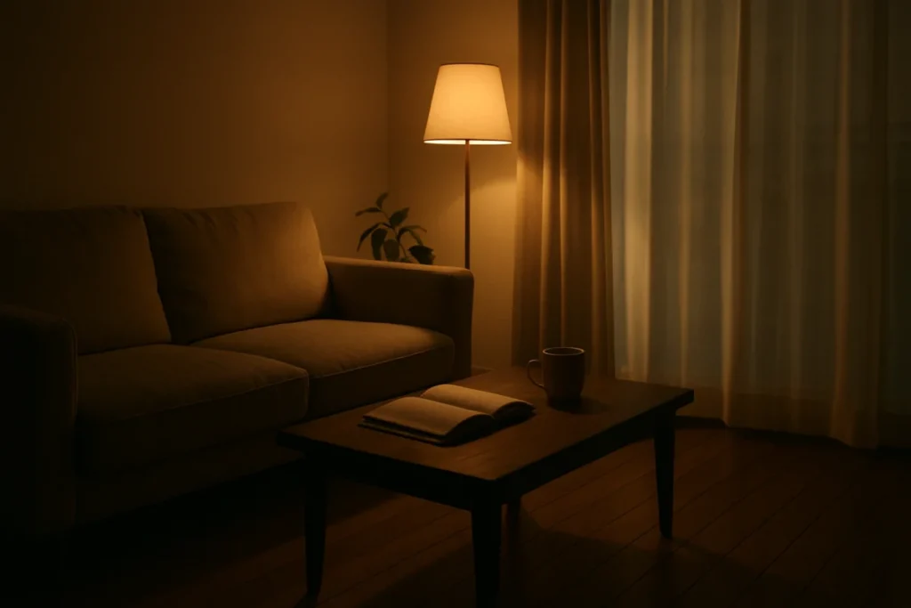 夜のリビングで柔らかい照明が灯る室内