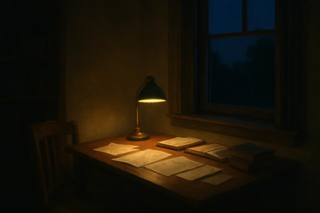 夜の書斎の片隅、机と本棚のある静かな空間