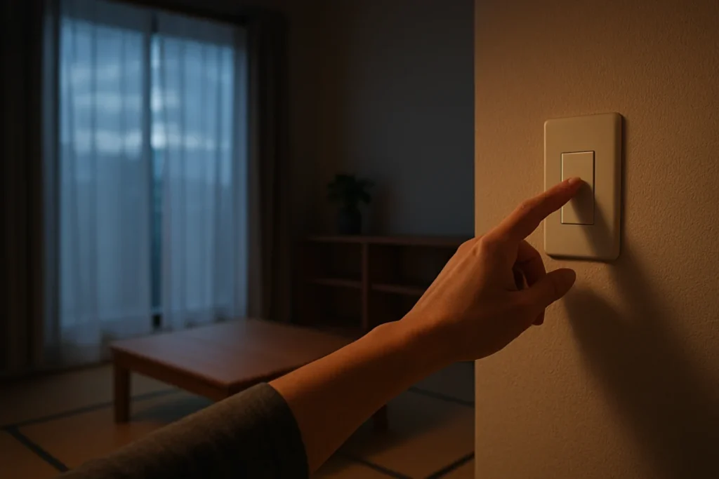 夕暮れ時の日本の居間で電気のスイッチを押して灯りをつける手元の写真
