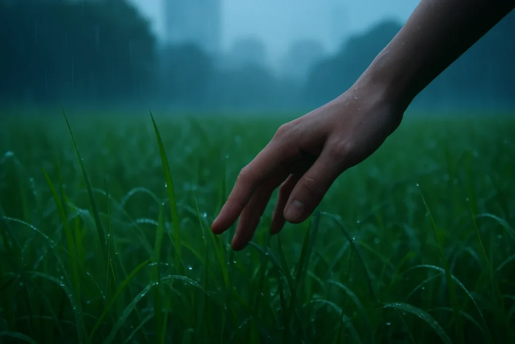 梅雨の夕方に湿った草むらの手元を触れているシーン
