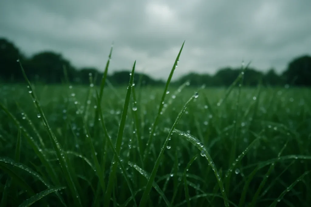 梅雨時の曇り空の下で朝露を帯びた草むらの近景