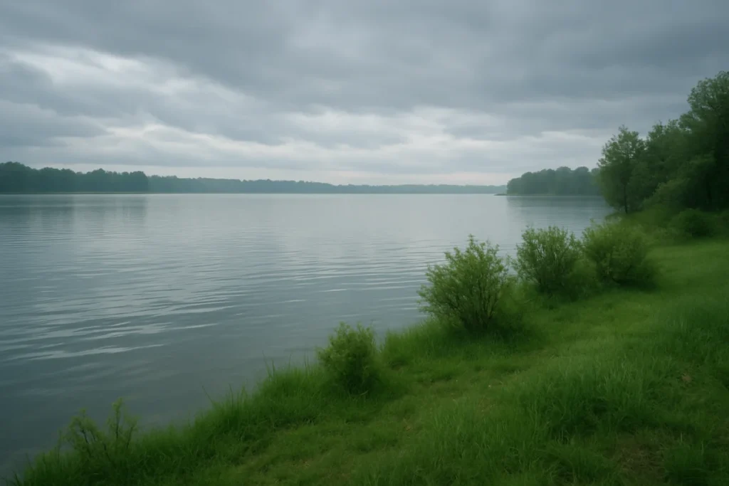 曇り空の朝の湖畔、穏やかな水面と岸辺の草木が映る情景