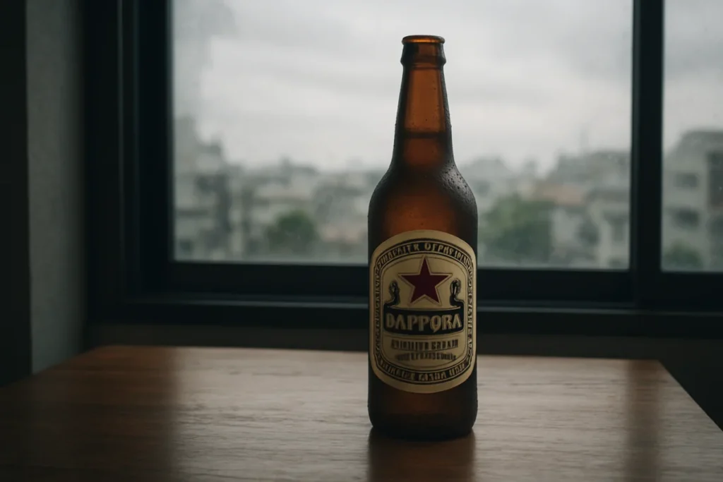曇天の朝、ガラス越しに見えるサッポロラガービールの瓶