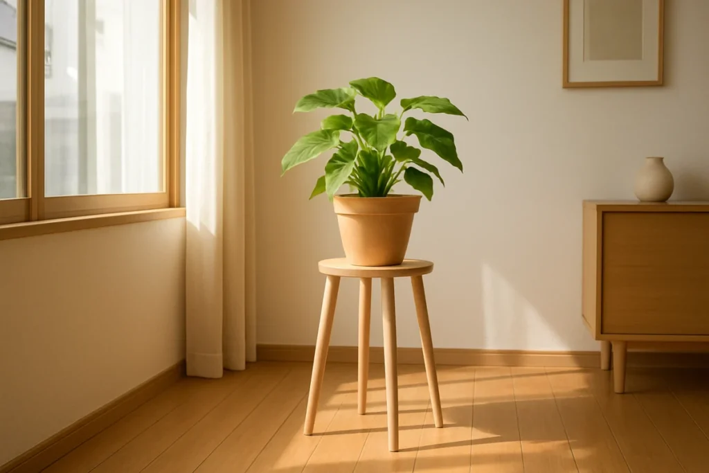 朝日の差す部屋の窓辺に置かれたシンプルな鉢スタンドと観葉植物