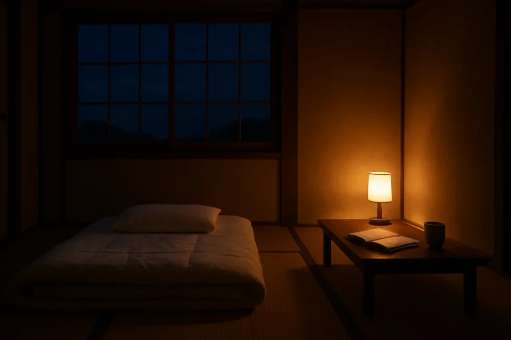 夜の室内、淡い灯りが漏れる寝室の風景