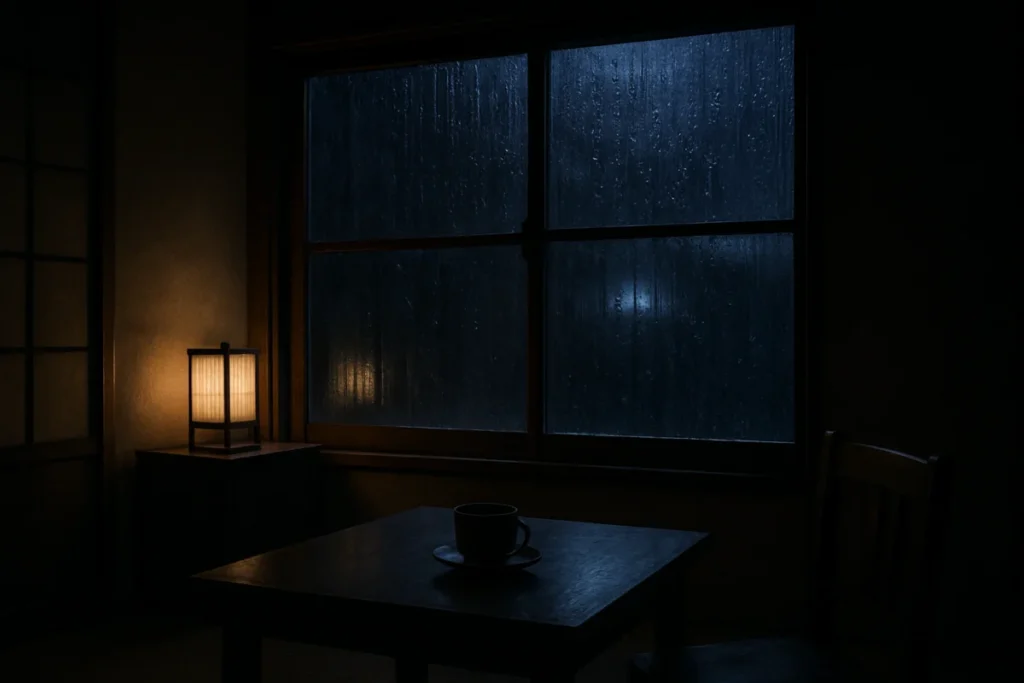 窓からの雨音が聞こえる夜の室内の風景
