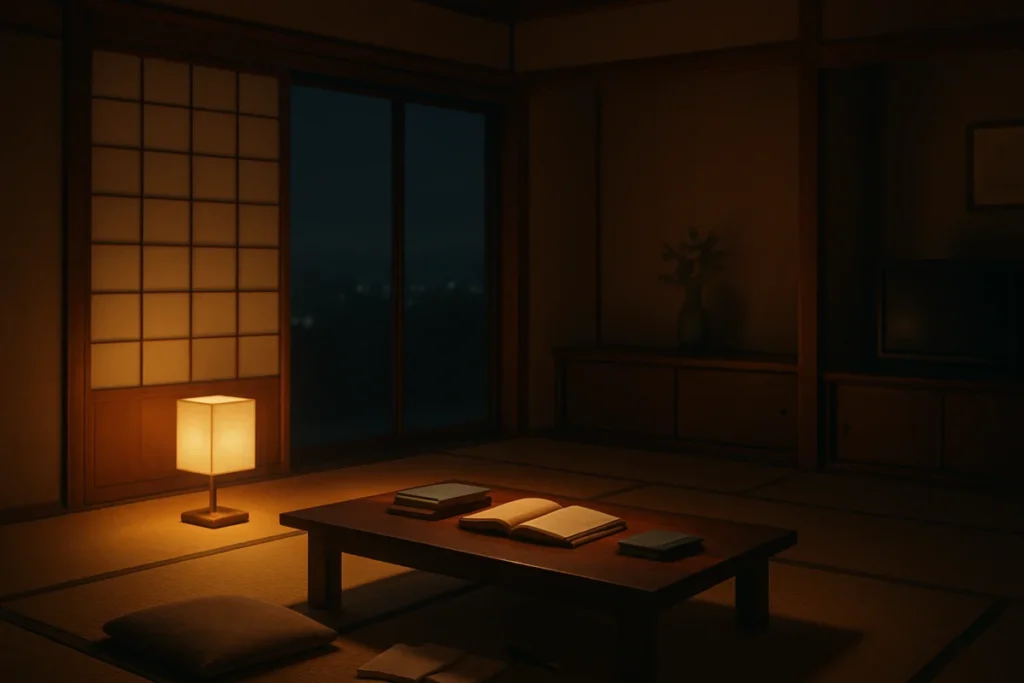 夜のリビングで静かに過ごす様子