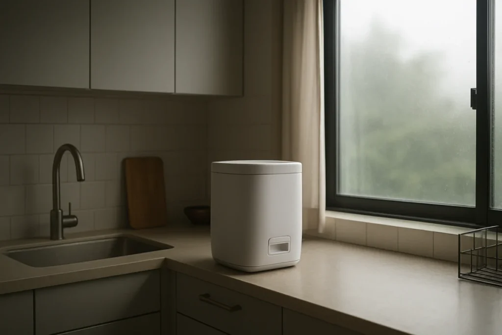 キッチンに置かれた最新の生ゴミ処理機、梅雨の朝の日差しが差し込む光景
