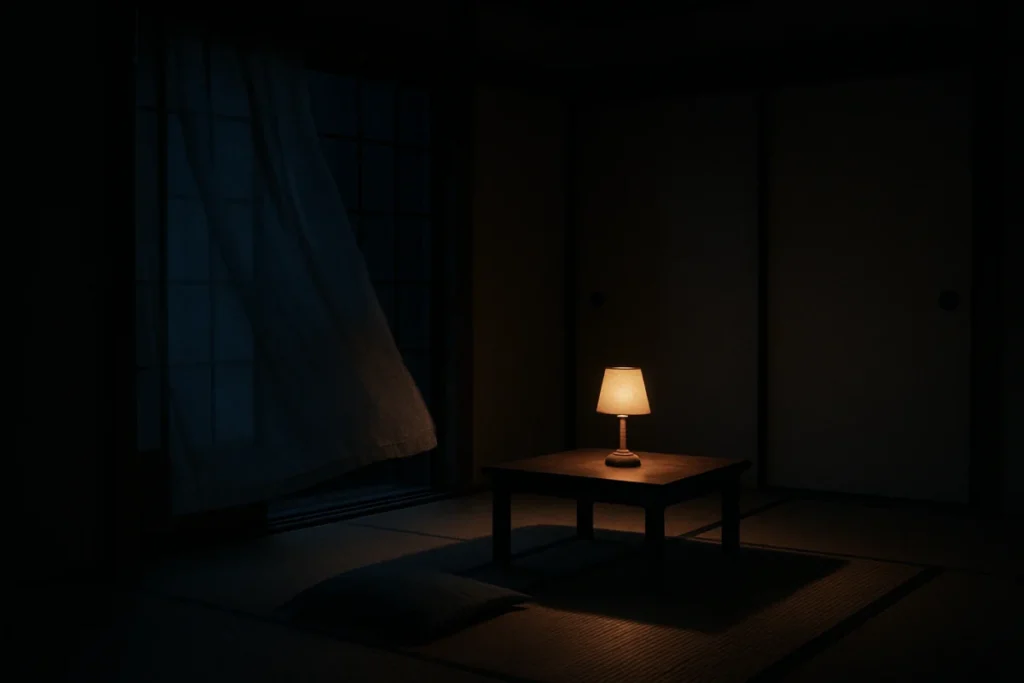 夜の部屋の静かな灯りと家具の影