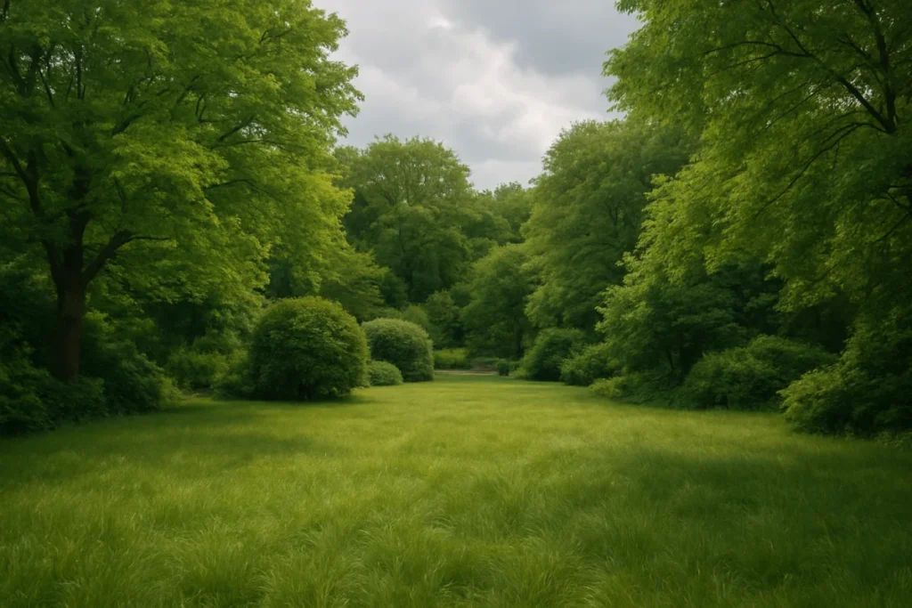 曇り空の下で緑の木々に囲まれた静かな庭、草が風に揺れている風景