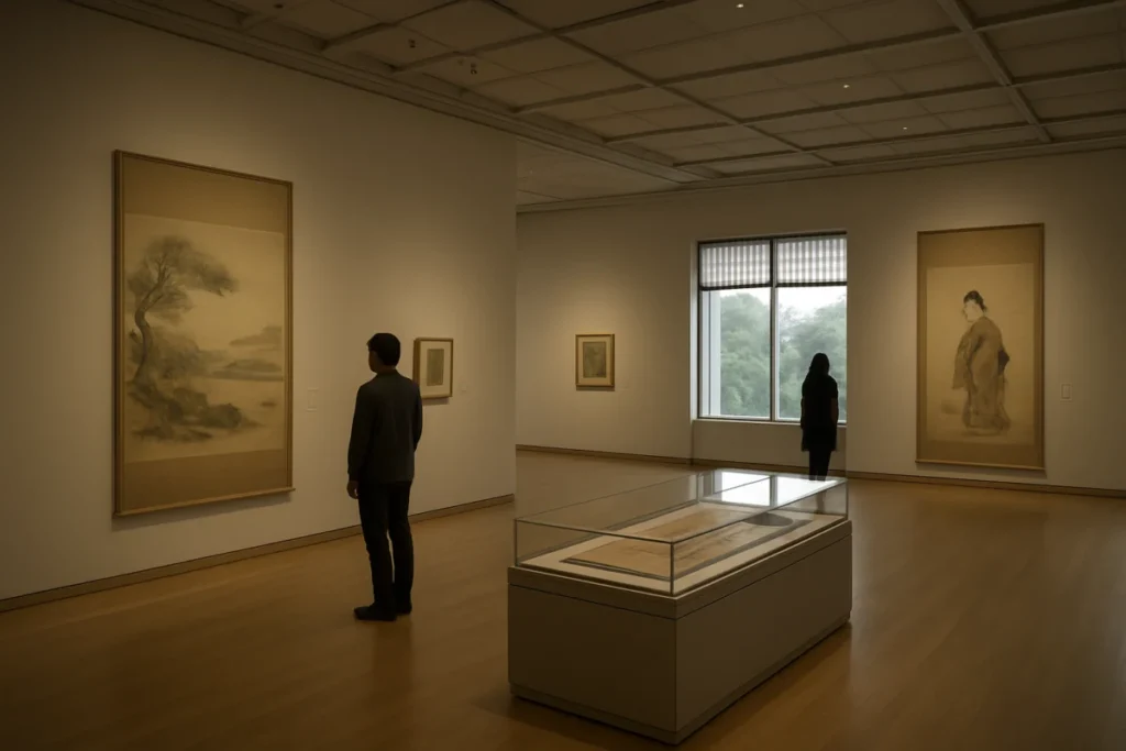 静かな美術館の展示室の風景、午後の柔らかな光が差し込む