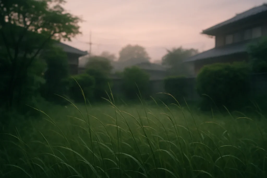 夕暮れ時の庭先で繊細な草葉が揺れる様子