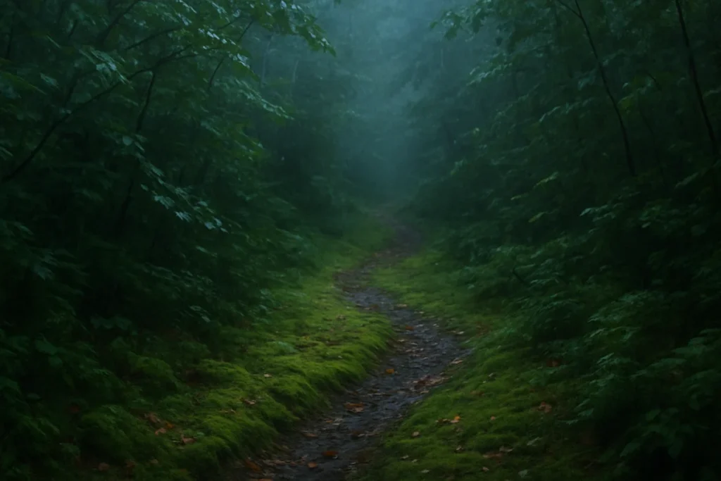 霧雨に濡れた山道の苔と落ち葉、薄暗い緑に包まれた静かな風景