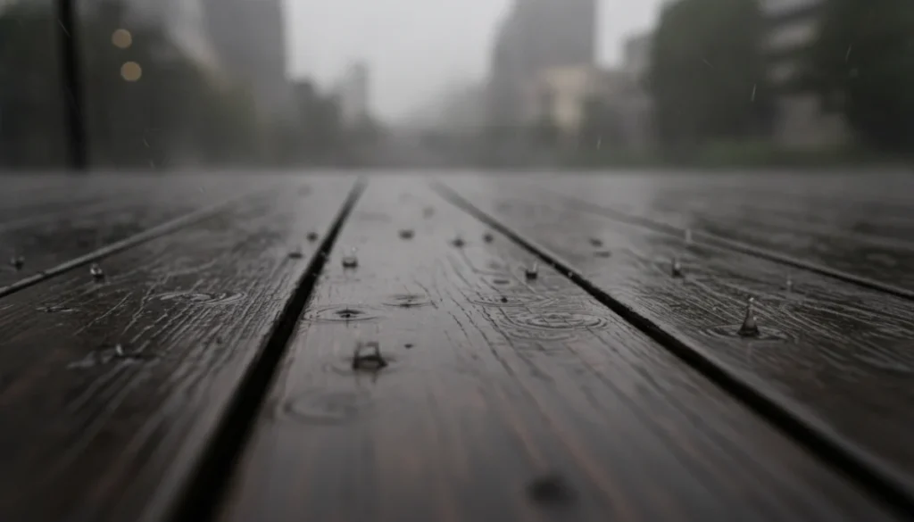 濡れた縁側の木材に落ちる雨粒と滲む水紋