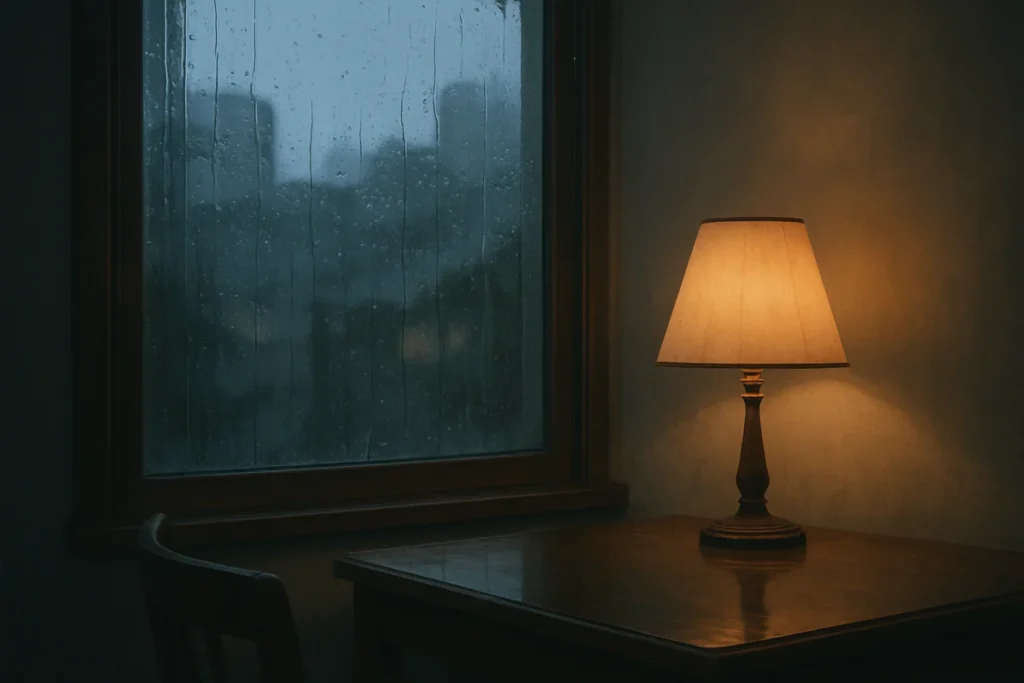 窓際に揺れる灯りと雨の夜の室内風景