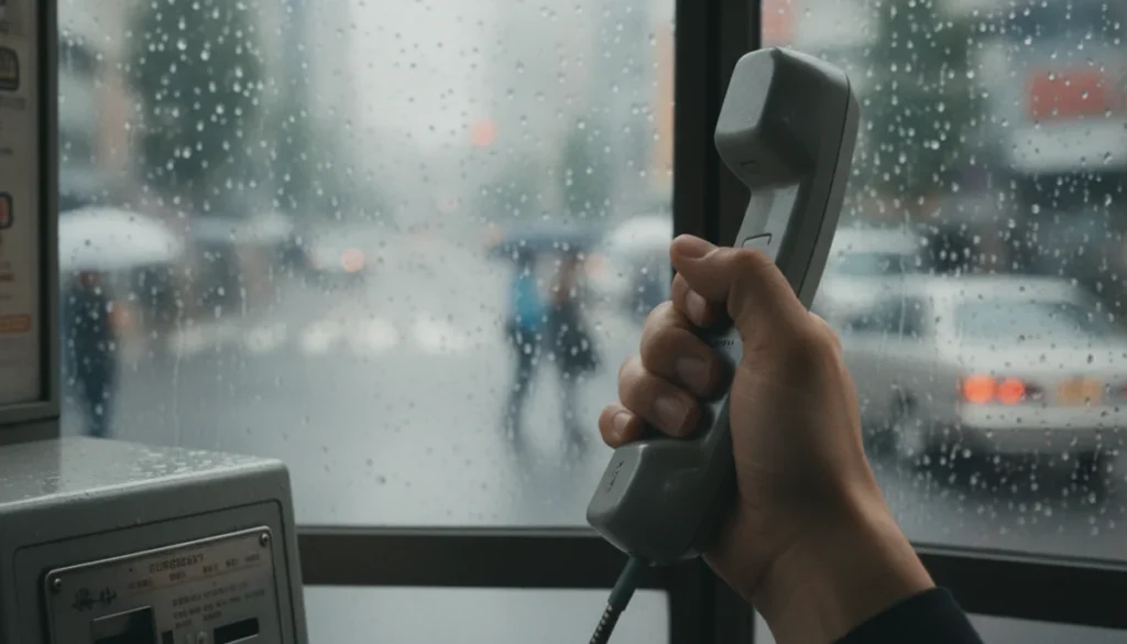 雨の朝、公衆電話の受話器を持つ手元
