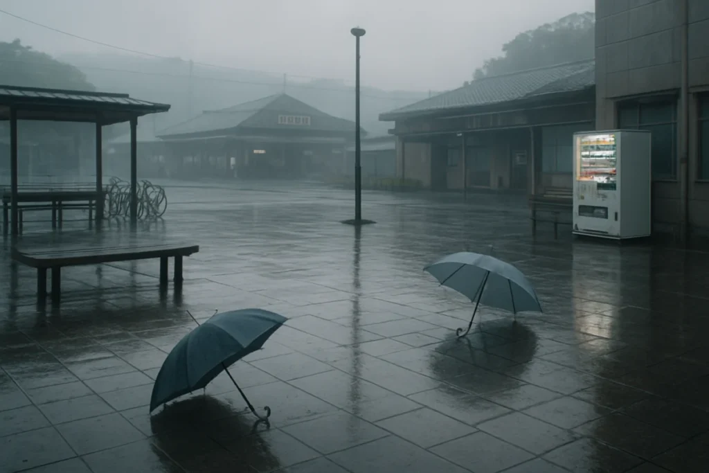 雨上がりの駅前、濡れた歩道と置かれた傘の様子