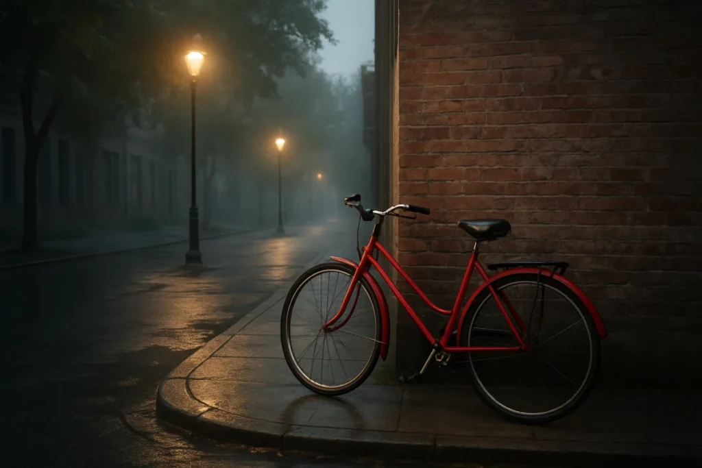霧のかかった街角に停められた赤い自転車とその影
