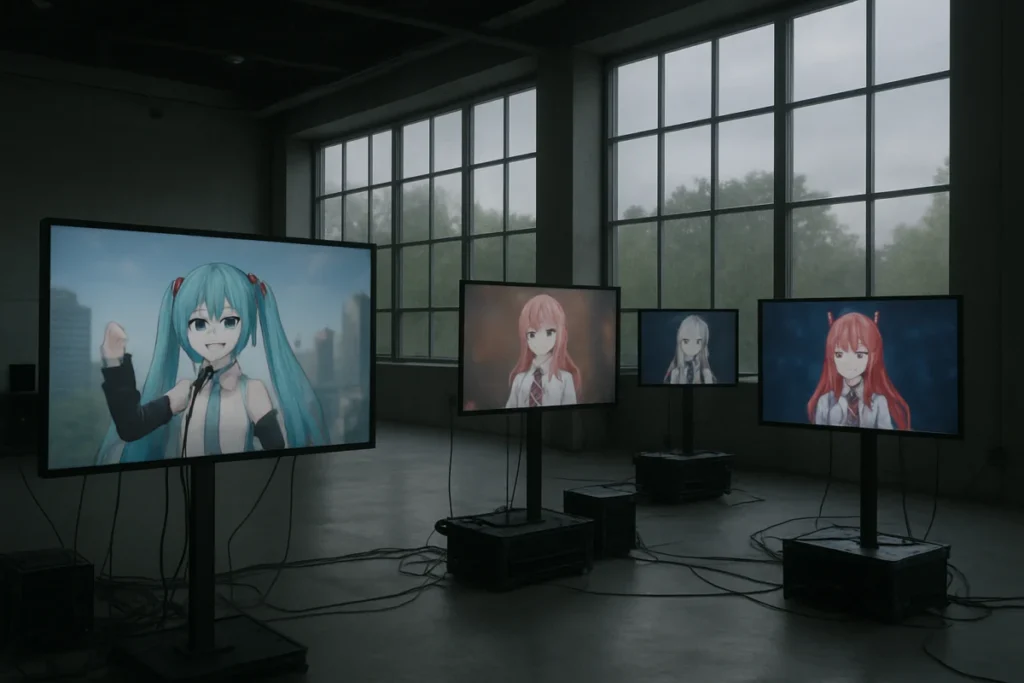 幕張メッセの展示会場で遠隔地とつながるVTuberライブの様子
