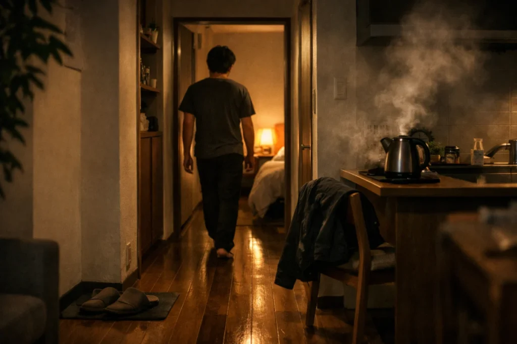 夜の部屋で影と動線を見つめる男性の後ろ姿