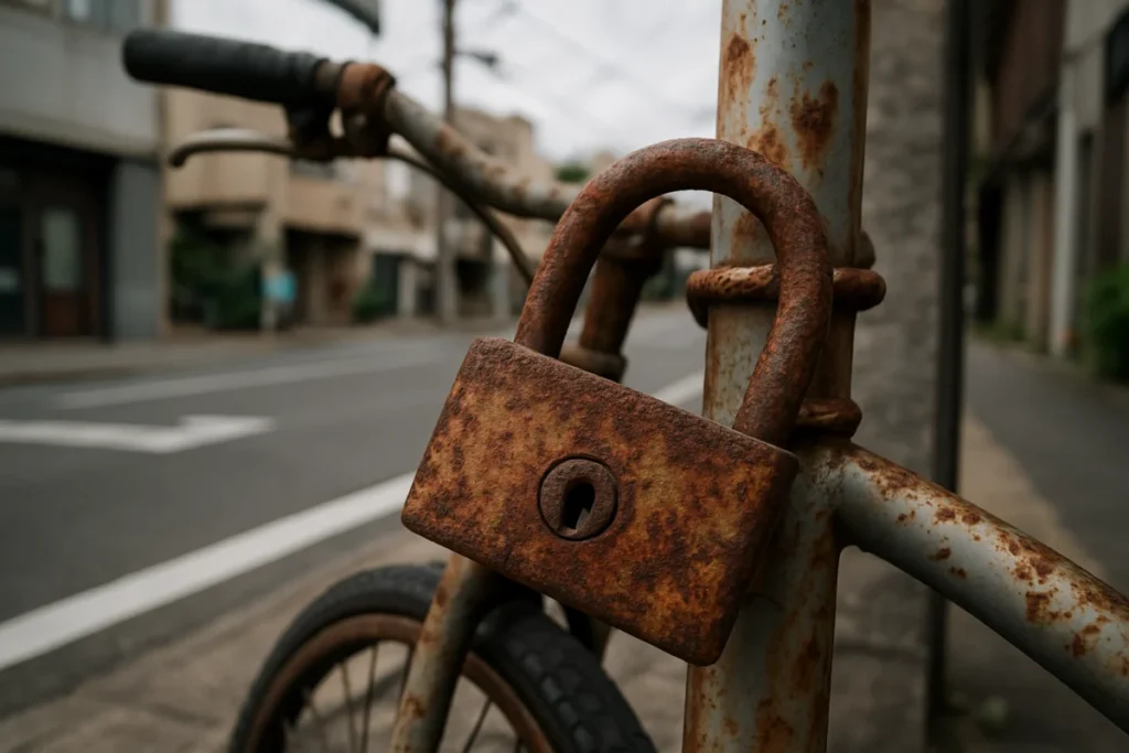 午後の街角に停められた古い自転車の錆びた鍵穴のクローズアップ