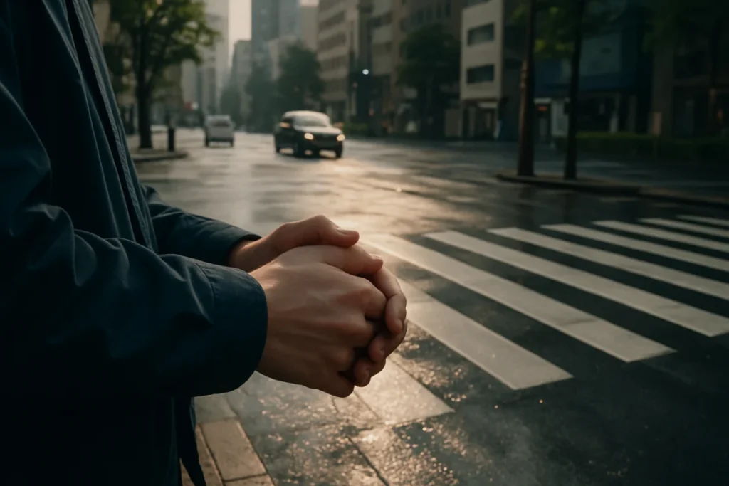 雨上がりの街角で信号待ちをしている人の手元に揺れる影の写真