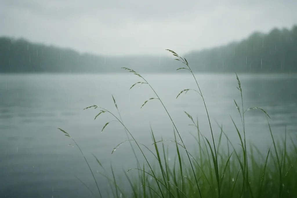 湖畔の草が霧雨に濡れてしっとりと揺れている午後の風景