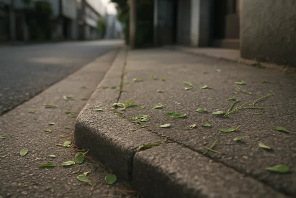 歩道の端に落ちた緑の小さな葉と草の細部のクローズアップ
