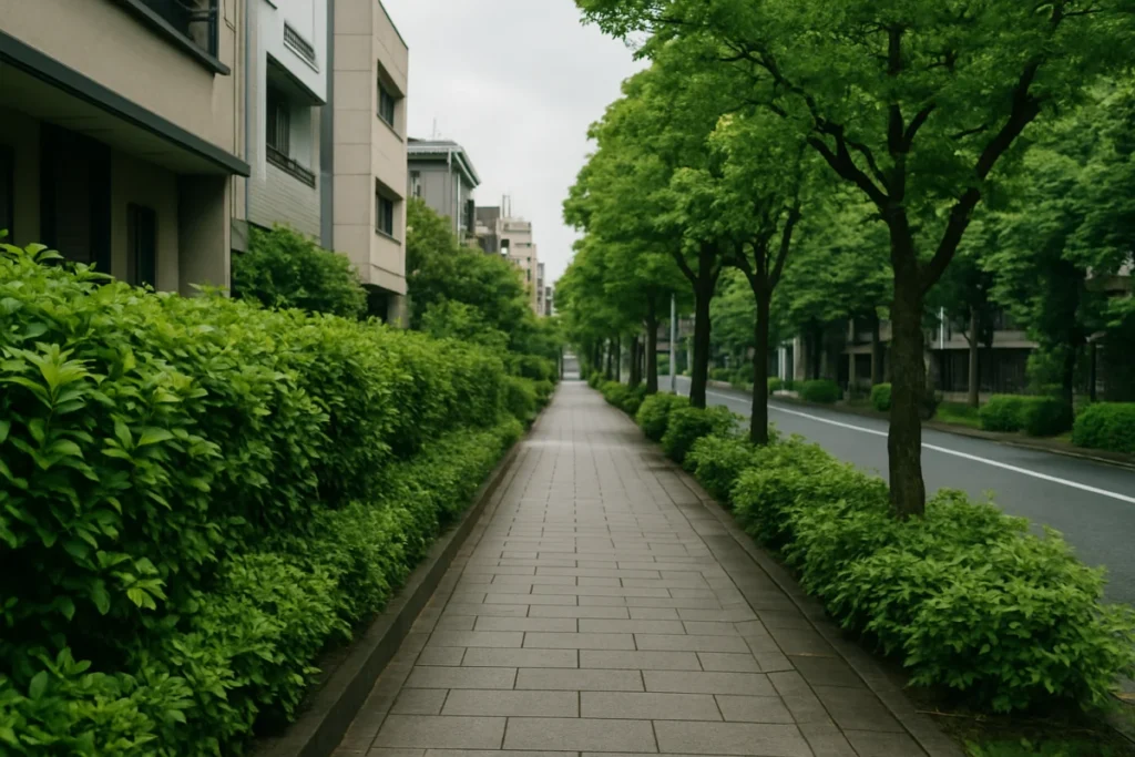 東京の曇り空の下、歩道脇の植え込みと濡れていない歩道の風景