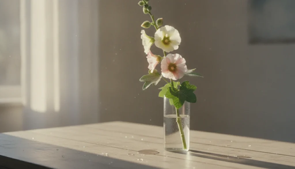 窓辺に飾られたタチアオイの花