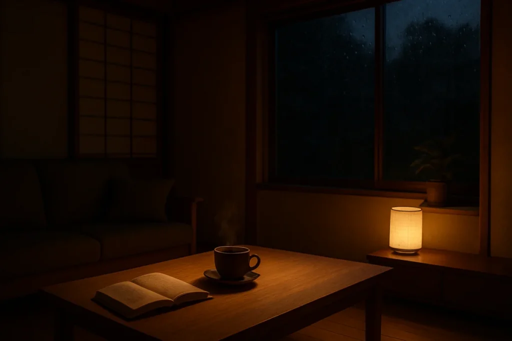 夜の住宅の静かな室内、薄暗い照明に包まれたリビングの一角