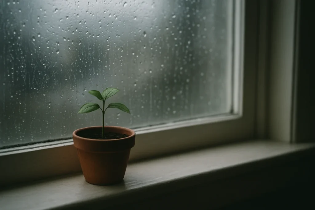 雨の残る窓辺に置かれた小さな鉢植えの花