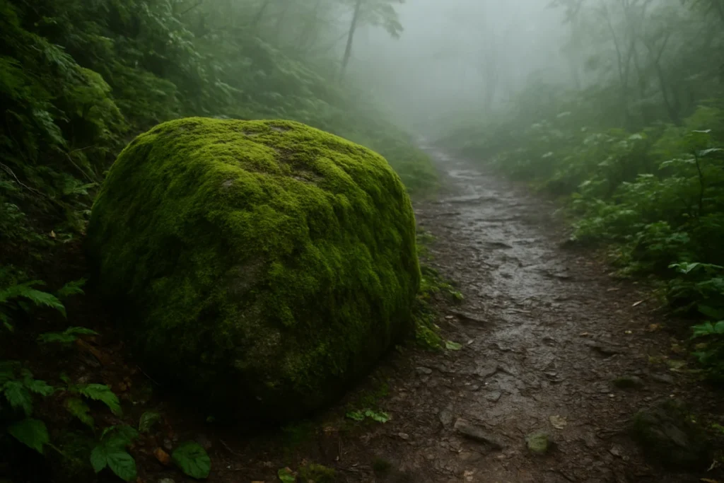 霧に包まれた朝の山道にある苔むした岩
