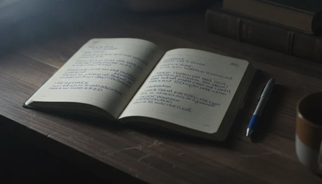 深夜のデスクで開かれた手書きのノートとペン