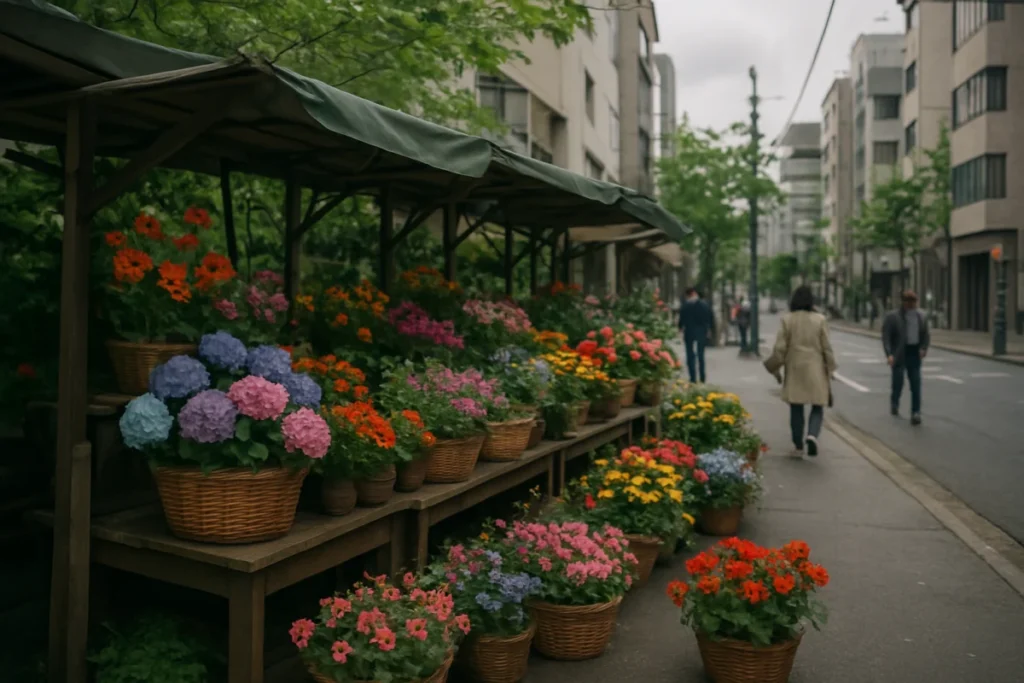 街角の小さな花市場の花とカゴが並ぶ様子